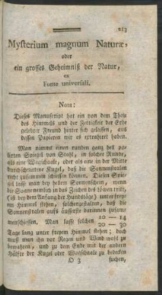 Mysterium magnum Naturae, oder ein grosses Geheimniß der Natur, ex Fonte universali