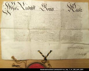 Kaiser Rudolf II. bestätigt dem Grafen Edzard II. von Ostfriesland die Leibzuchtverschreibung für seine Schwiegertochter Gräfin Walburg Ausstellungsort: Prag Anhängendes Siegel erhalten; Unterschrift