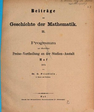 Programm zur öffentlichen Preise-Vertheilung an der Studienanstalt Hof, 1872