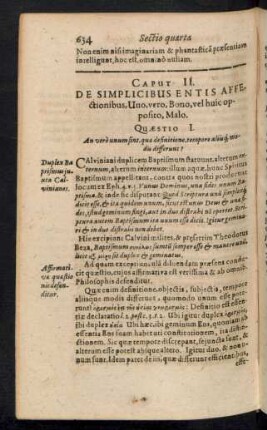 Caput II. De Simplicibus Entis Affectionibus, Uno, vero, Bono, vel huic opposito, Malo.
