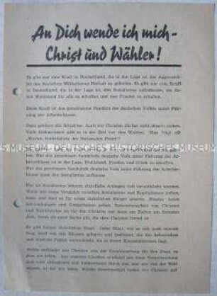 Propagandaflugblatt zur Volkskammerwahl 1958 mit Ausrichtung auf die christliche Bevölkerung