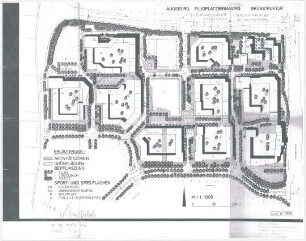 Hansjakob, Gottfried; Augsburg - Universitätsviertel; Neue Universität und Wohnbebauung Universitätsviertel, Außenanlagen, Freiflächengestaltung - Flugplatzbebauung, Grünstruktur, 1. BA (Lageplan)