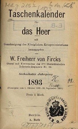 Taschen-Kalender für das Heer. 1893 = Jg. 16