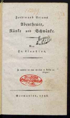 Ferdinand Urians Abentheuer, Ränke und Schwänke
