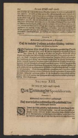 Sectio XIII. De veris & falsis causis repudii. Von Trennung der Sponsaliorum.