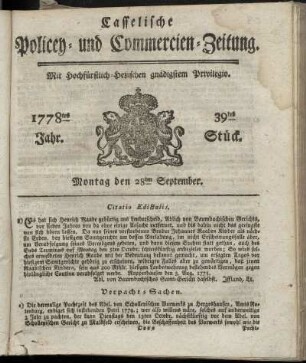 39tes Stueck, Montag den 28ten September. 1778