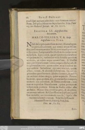 Epistola LI. Augustam Vindelicorum. Marco Velsero, V. A. Reip. Augustanae VII. Viro.