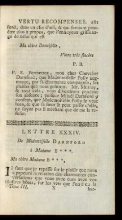 Lettre XXXIV. De Mademoiselle Darnford à celle Madame B***. Ma chère Madame B***, ...