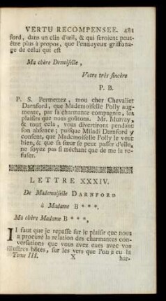 Lettre XXXIV. De Mademoiselle Darnford à celle Madame B***. Ma chère Madame B***, ...