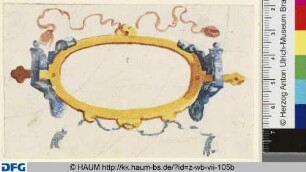 Ornamentales Stammbuchblatt mit querovalem Mittelschild in Rollwerkrahmen