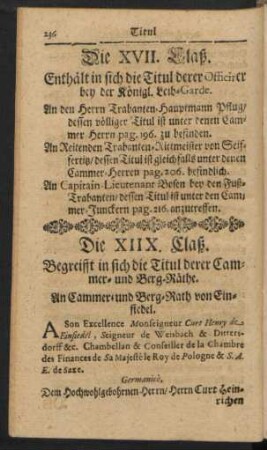 Die XIIX. Claß. Begreifft in sich die Titul derer Cammer- und Berg-Räthe