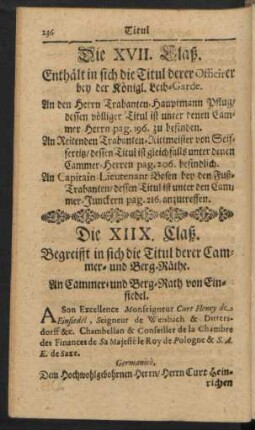 Die XIIX. Claß. Begreifft in sich die Titul derer Cammer- und Berg-Räthe
