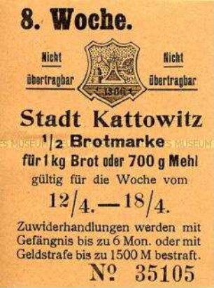 Brotmarke der Stadt Kattowitz vom April 1915