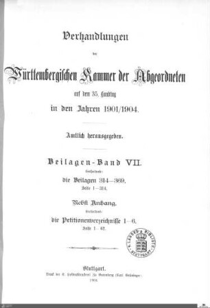 2,103: Landtag Württemberg - Kammer 2, Beilagen 1901-1904, Bd. 7