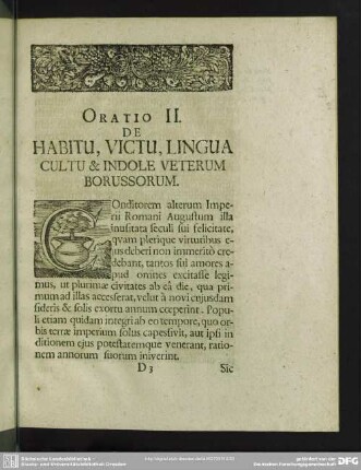 Oratio II. De Habitu, Victu, Lingua Cultu & Indole Veterum Borussorum