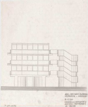 Schneider - Esleben, Paul; Düsseldorf, ARAG - Platz 1; ARAG-Stufenhochhaus, Hauptverwaltung der Allgemeinen Versicherungs-AG, Erweiterung - Ansicht von Norden (Detail Treppenturm)