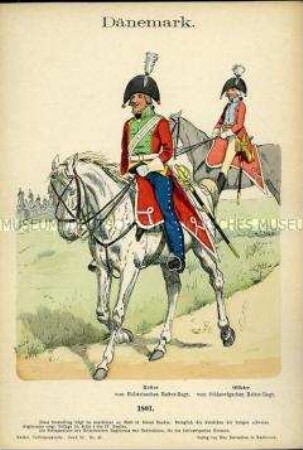 Uniformdarstellung, Reiter des Holsteinischen Reiter-Regiments, Offizier des schleswigschen Reiter-Regiments, Königreich Dänemark, 1801.