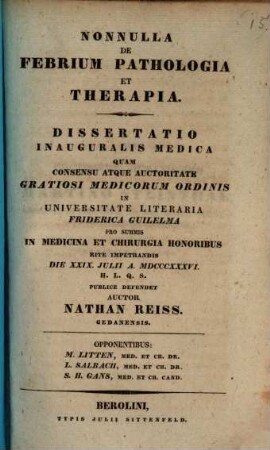 Nonnulla de febrium pathologia et therapia : diss. inaug. med.