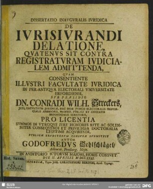 Dissertatio Inauguralis Iuridica De Iurisiurandi Delatione, Quatenus Sit Contra Registraturam Iudicialem Admittenda