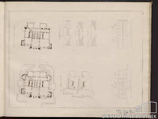 Grundriss des ersten Geschosses. Grundriss des zweiten Geschossses. Ansicht des Daches von oben. Durchschnitt des Daches. Alte Facade der Seite A. des Grundrisses. Alte Facade der Seite B. des Grundrisses.