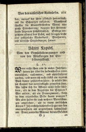 Achtes Kapitel. Von den Gemüthsbewegungen und von den Würkungen der Einbildungskraft. §. 51. - §. 61.