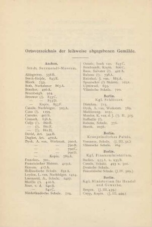Ortsverzeichnis der leihweise abgegebenen Gemälde