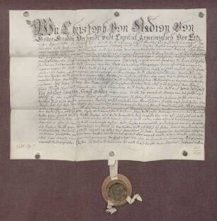 Christoph von Stadion, Dechant, und das Kapitel des Domstifts zu Mainz verkaufen ihr freiadliges und geistliches Gut bei Ladenburg, genannt das Zeiskamer Gut, um 2.125 Gulden an Johann Ludwig von Bettendorff.