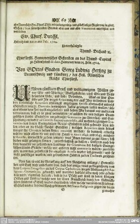 Churfürstl. Hannoverisches Schreiben an das Thumb-Capitul zu Hildesheimb de dato Hannover vom 25. Febr. 1704