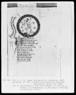 Heinrich von Laufenberg, Regimen sanitatis, deutsch — Planetenbild des Saturn mit Krücke und Hacke, Folio 41recto