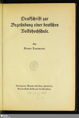 Denkschrift zur Begründung einer deutschen Volkshochschule