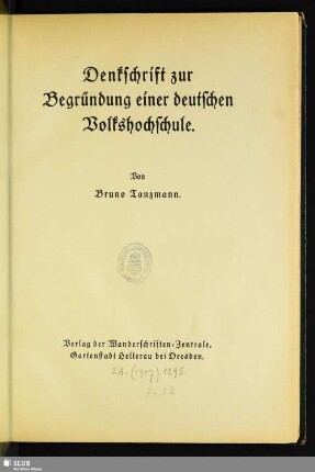 Denkschrift zur Begründung einer deutschen Volkshochschule