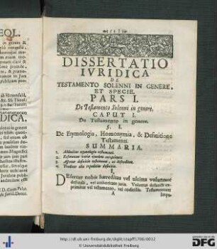 Pars I. De Testamento Solenni in genere.