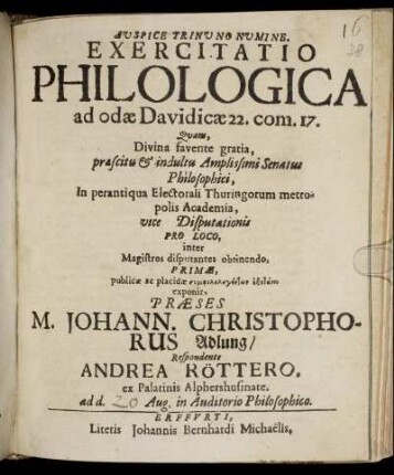 Exercitatio Philologica ad odae Dividicae 22. com. 17.