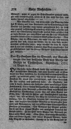 Das Christenthum über die Vernunft, oder Betrachtungen über das berühmte Buch vom Werthe der Gefühle im Christenthum.