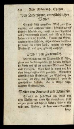 Von Zubereitung unterschiedlicher Molken.