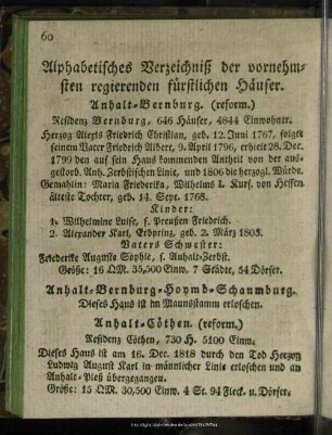 Alphabetisches Verzeichniß der vornehmsten regierenden fürstlichen Häuser