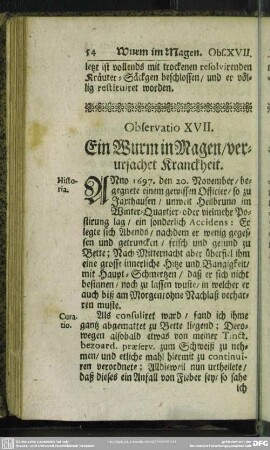 Observatio XVII. Ein Wurm in Magen, verursachet Kranckheit