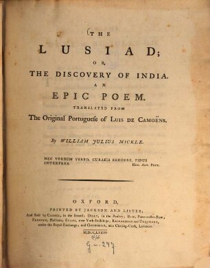 The Lusiad, or, The discovery of India : An epic poem