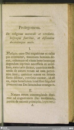 Prolegomena. De religione naturali et revelata, hujusque fontibus, et discendae docendaeque modo