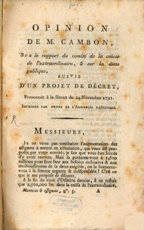 Oppinion de M. Cambon sur le rapport du Comité de la Caisse de l'Extraordinaire ...