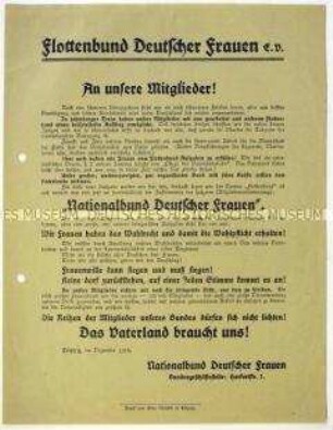 Bekanntmachung über die Umbenennung des Flottenbundes Deutscher Frauen in Nationalbund Deutscher Frauen und Aufruf zur Wahl der Nationalversammlung 1919