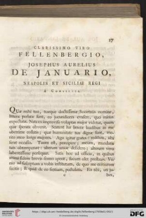 Clarissimo viro Fellenbergio, Josephus Aurelius de Januario, Neapolis et Siciliae Regi a Consiliis