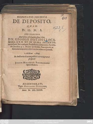 Disputatio Iuridica De Deposito