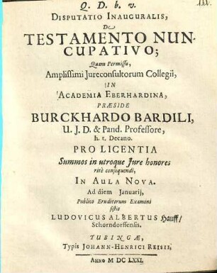 Disputatio Inauguralis, De Testamento Nuncupativo