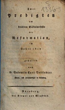Zwei Predigten am dritten Säkularfeste der Reformation, im Jahre 1817
