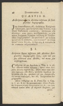 Quaestio II. An Scriptura Sacra divinitus inspirata sit Sciptoribus hagiographis