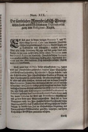Num. XIX. Der sämbtlichen Zweybrückisch Evangelischen Lande und deren Lehnbaren Dependentien gantz neue Religions-Klagen - Num. XX. Religions-Beschwehrden in der hintern Graffschaft Sponheim / über Chur-Trier und Baaden
