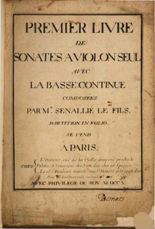 Premier livre de sonates à violon seul avec la basse continue