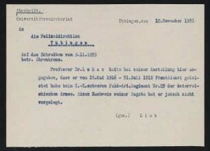 Sekretariat Tübingen an Polizeidirektion Tübingen 12.11.1935