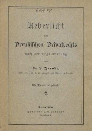 Uebersicht des Preußischen Privatrechts nach der Legalordnung